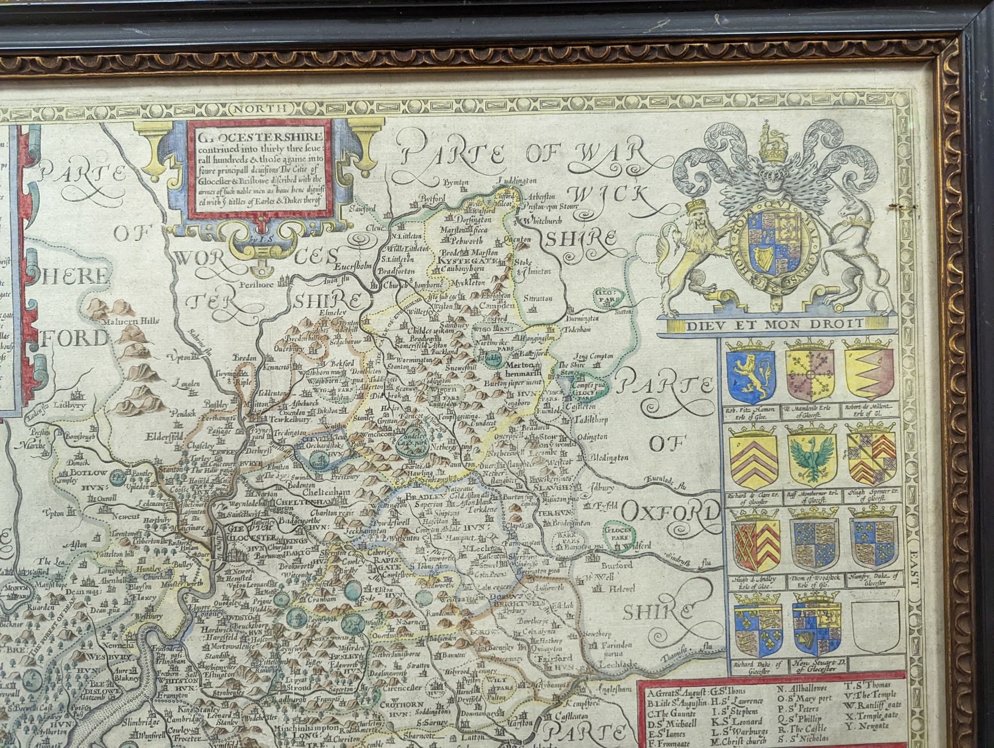 John Speed, coloured engraving, Map of Glocestershire 1627, printed in English verso, 40 x 52cm